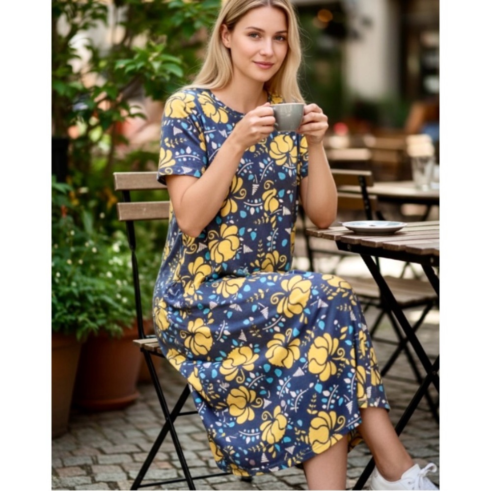 LulaRoe Carly Blue and Yellow Floral Swing Dress